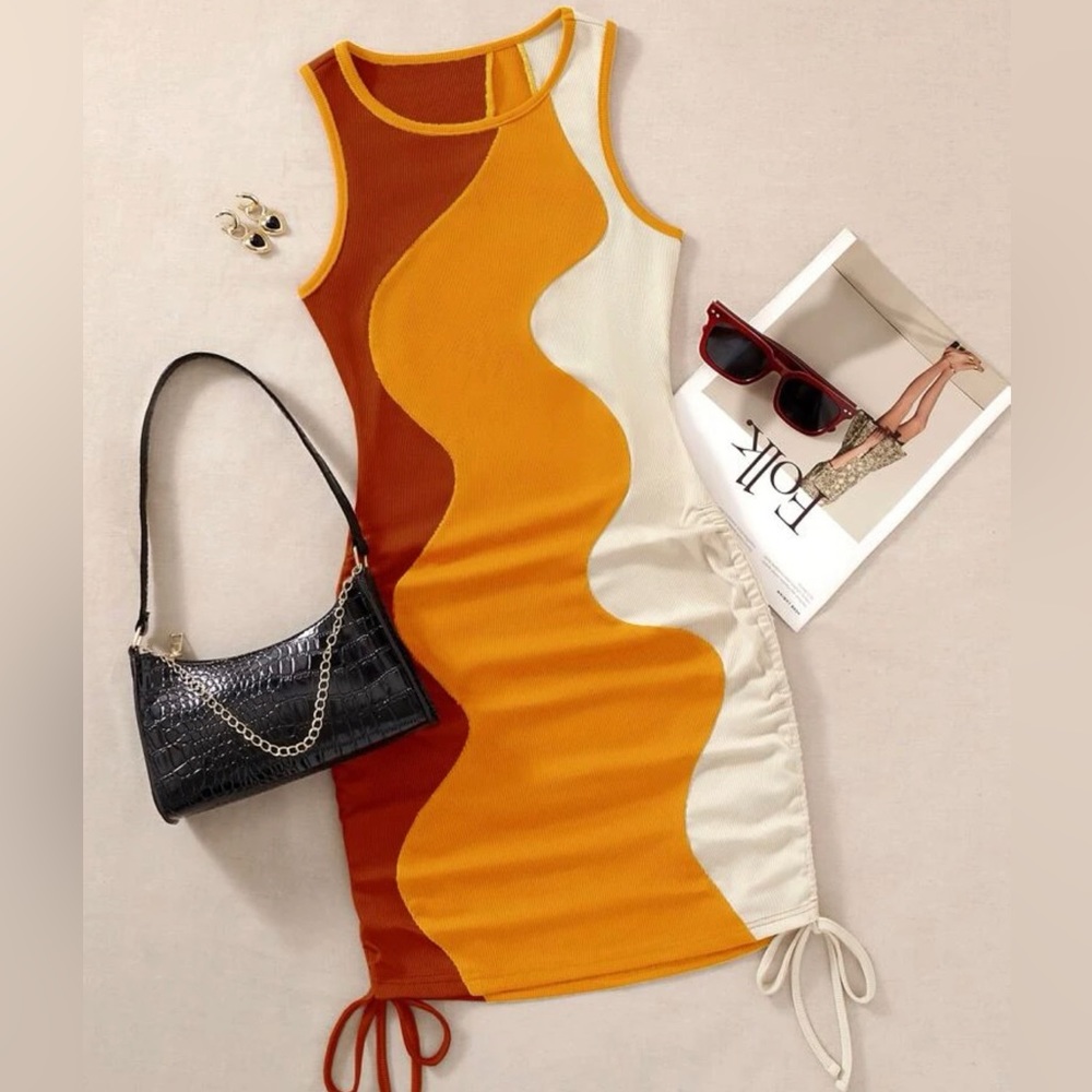 Drawstring side color block body on tank dress